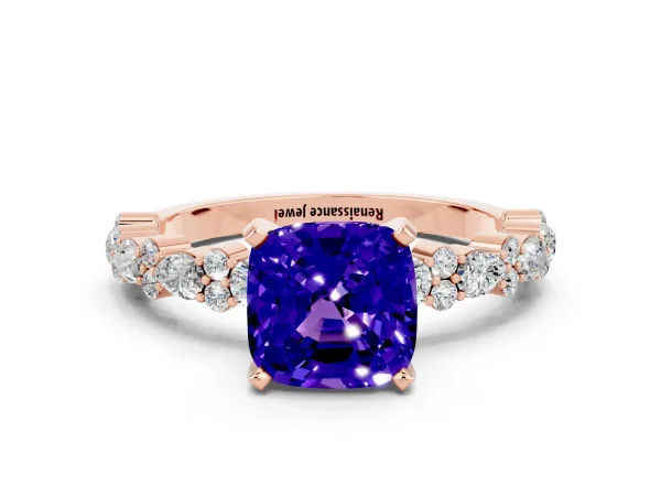 Cushion Cut Tanzanite Side Stone Solitaire Ring with Round and Four-Prong Setting Rose gold
