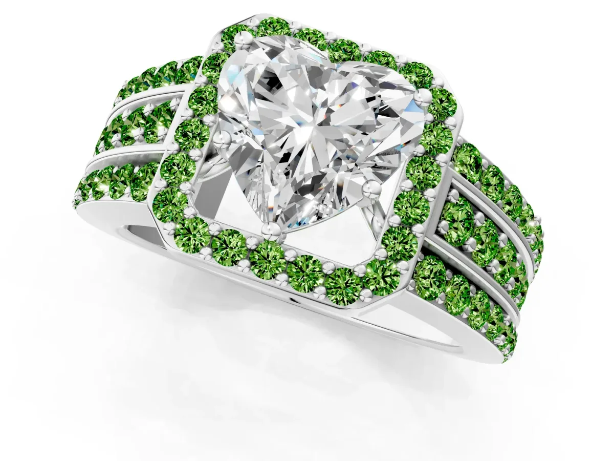 Heart Cut Halo Diamond Ring with Round Peridot Split Shank and Prong Setting Silver