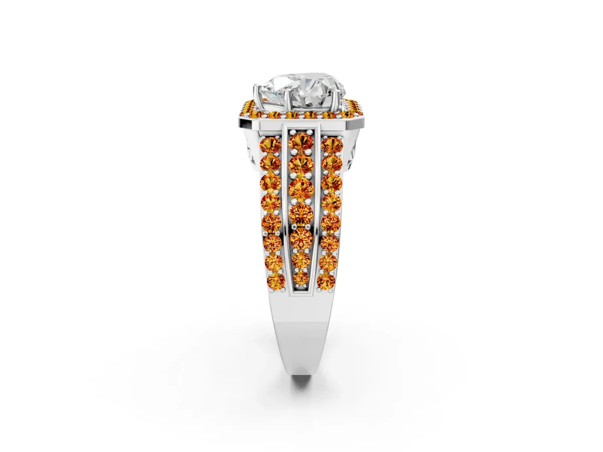 Heart Cut Halo Diamond Ring with Round Citrine Split Shank and Prong Setting Platinum