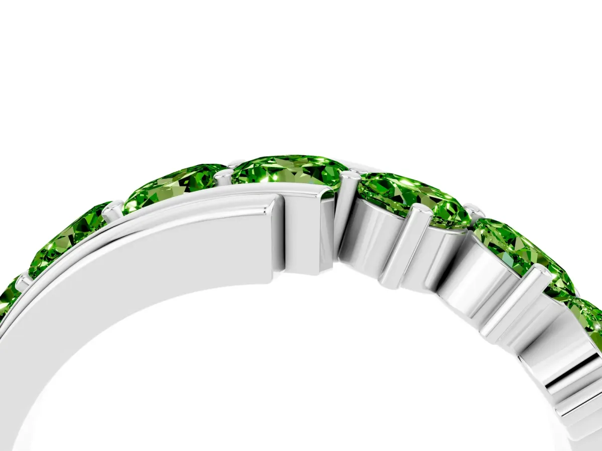 Round Peridot Wave Band with Channel and Shared Prong Setting Platinum