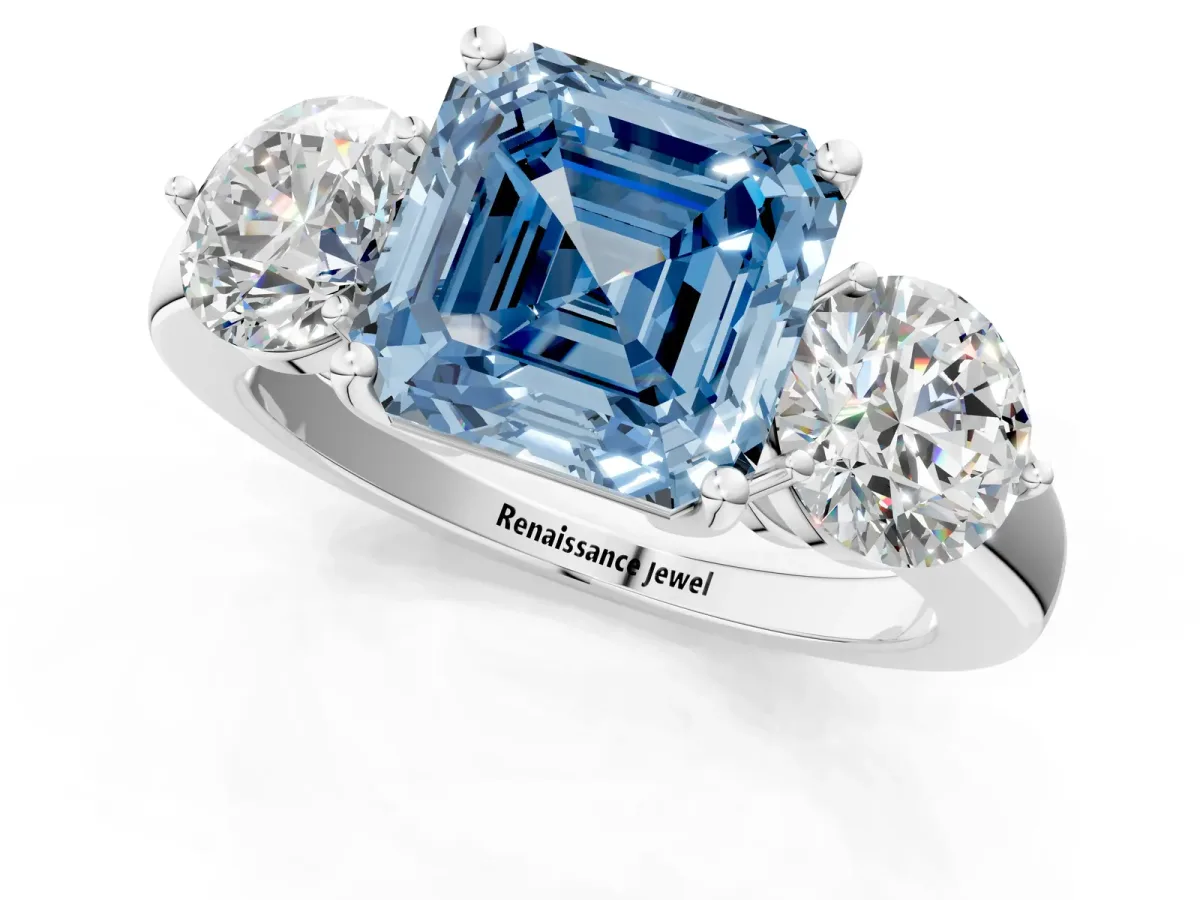 Fancy Blue Asscher Cut Diamond Three-Stone Ring with Prong Setting and Classic Band Platinum