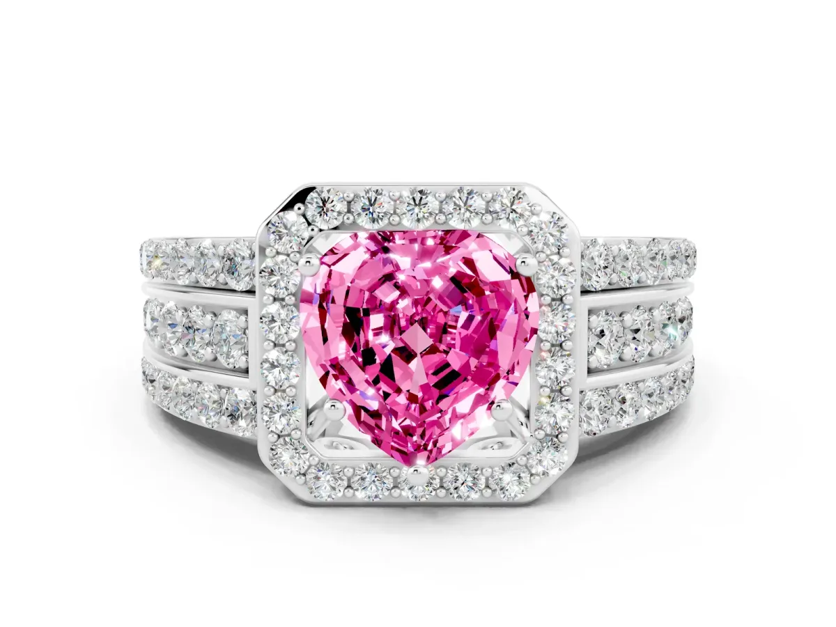 Heart Cut Halo Pink Sapphire Ring with Round Split Shank and Prong Setting Silver