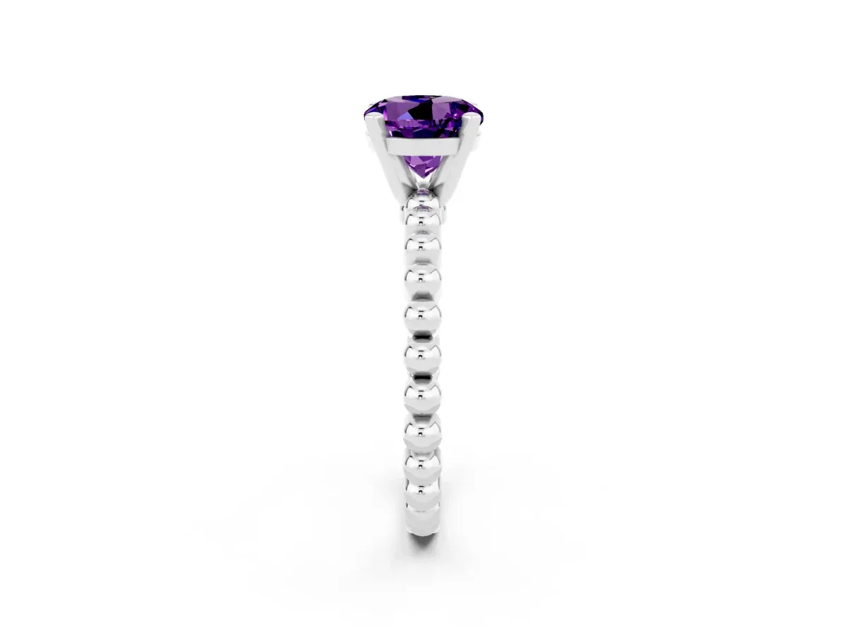 Round Cut Amethyst Solitaire Ring with Beaded Band and Prong Setting Silver