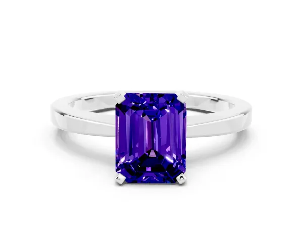 Emerald Cut Tanzanite Solitaire Engagement Ring with Classic Band and Four-Prong Setting Silver