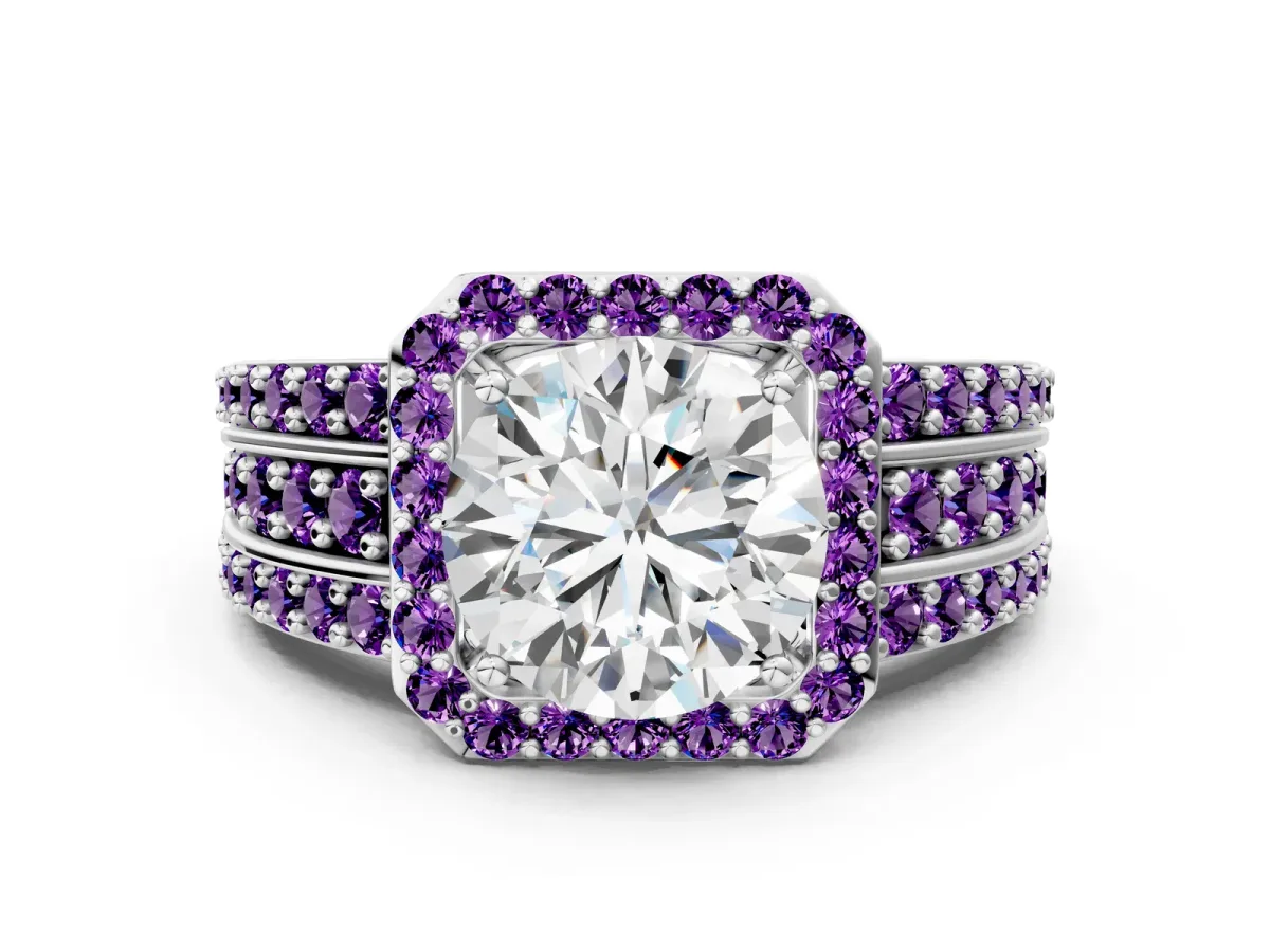 Round Cut Halo Diamond Ring with Round Amethyst Split Shank and Prong Setting Platinum