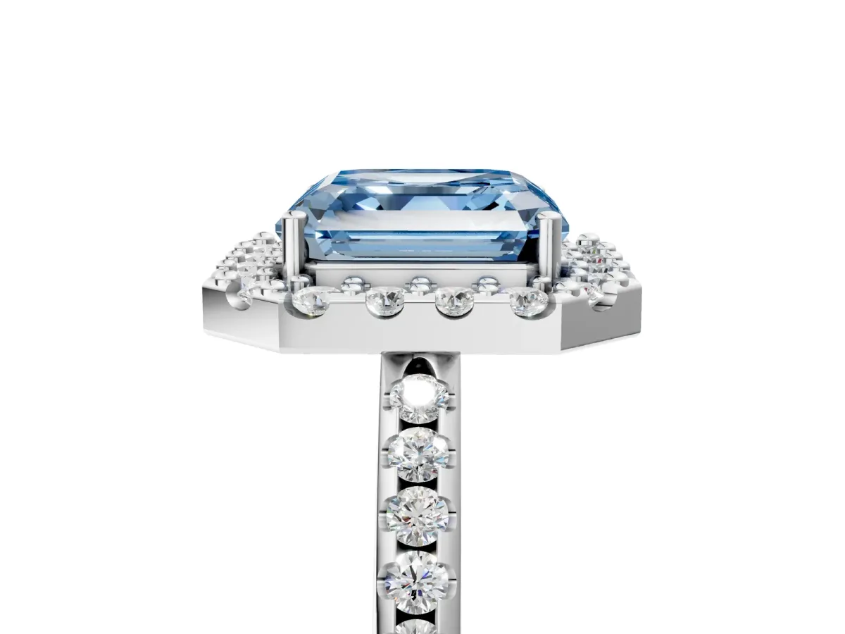 Fancy Blue Asscher Cut Diamond Pavé Halo Ring with Four-Prong Setting Platinum