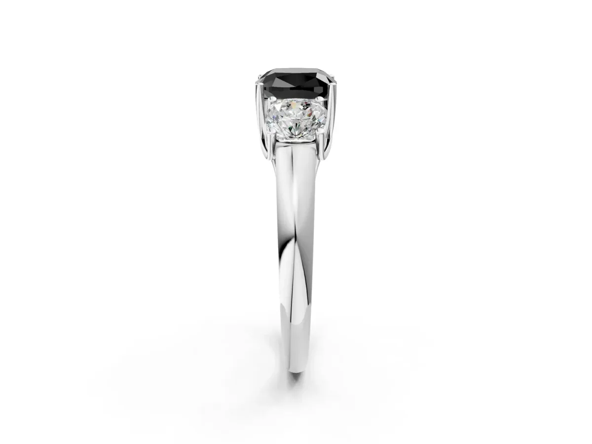 Fancy Black Three-Stone Cushion Cut Diamond Engagement Ring with Prong Setting White gold