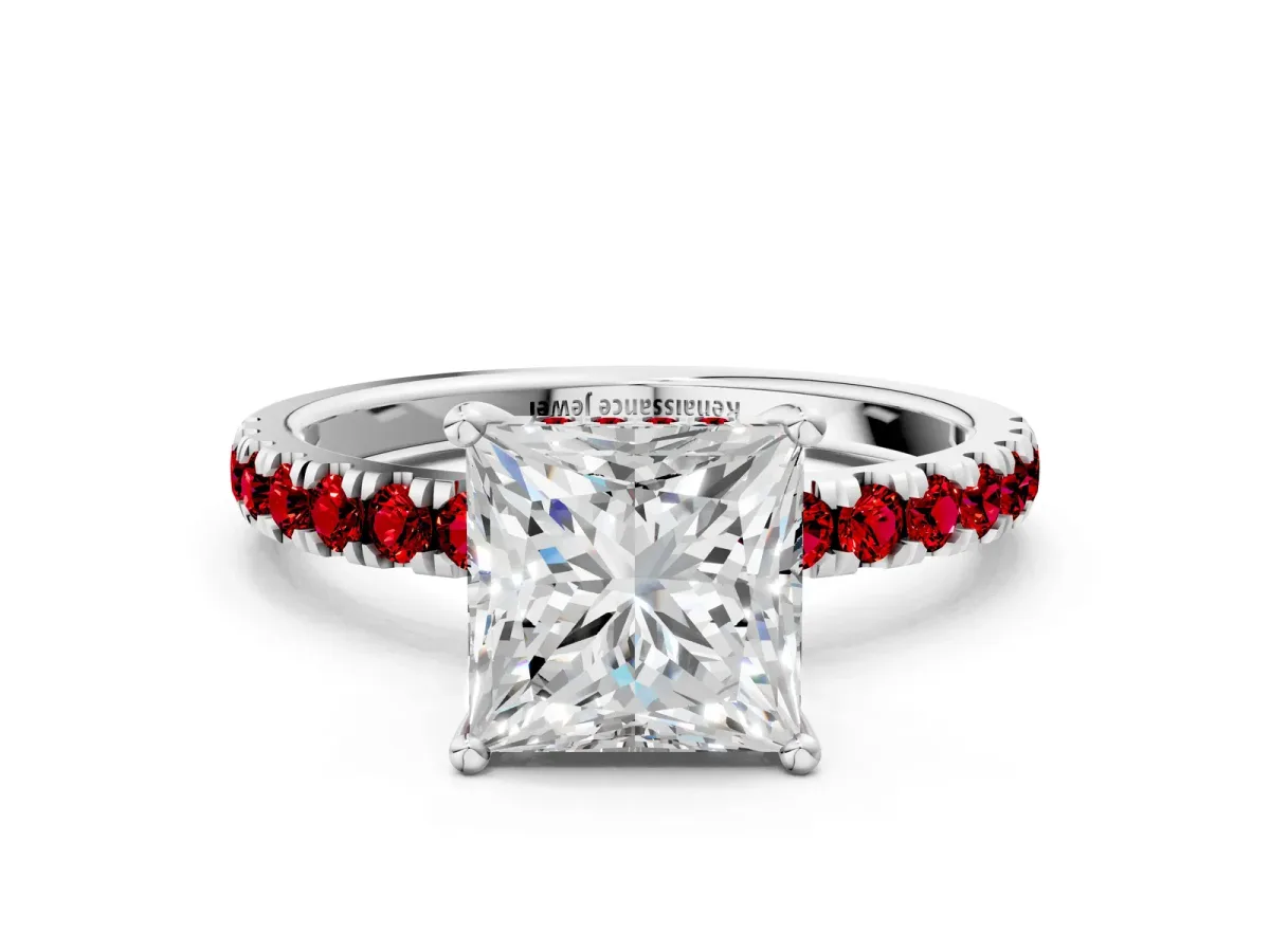 Princess Cut Diamond Pave Band Solitaire Ring with Round Ruby and Prong Setting Platinum