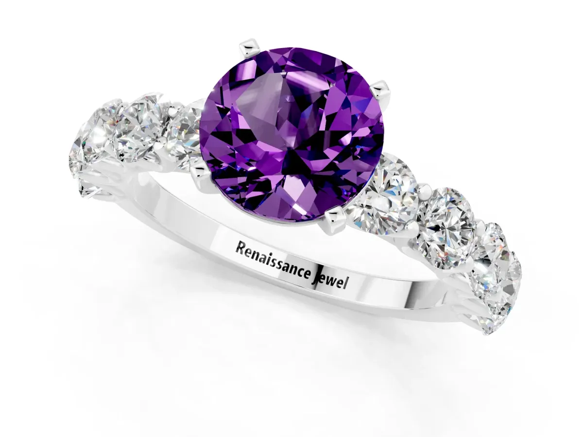 Round Cut Amethyst Prong Setting with Side Stones on a Pave Band Silver