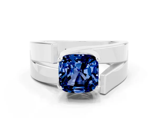 Modern Tension Set Cushion Cut Blue Sapphire Solitaire Wide Band Ring Platinum