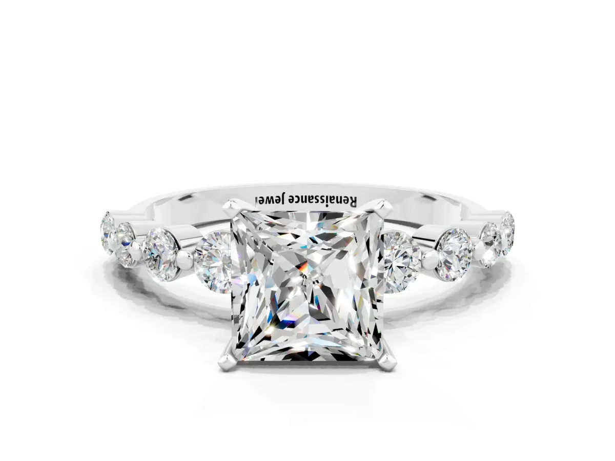 Princess Cut Solitaire Moissanite Ring with Pave Band and Four-Prong Setting Silver