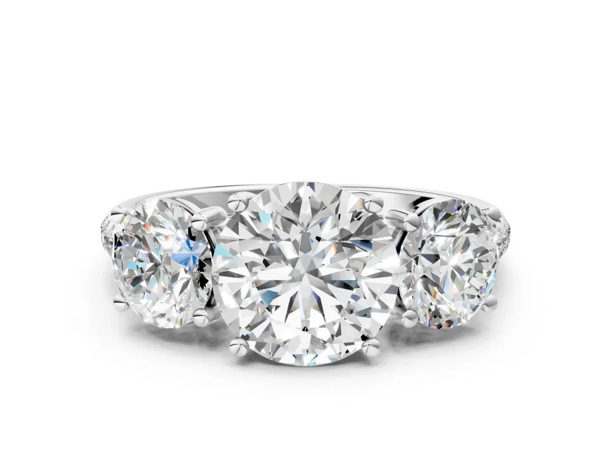 Three-Stone Round Cut Diamond Ring with Round Moissanite Pavé Band and Prong Setting Silver