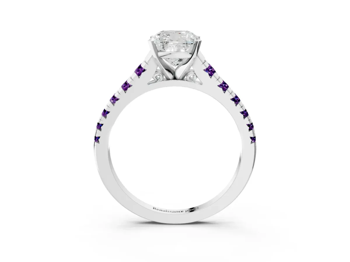 Cushion Cut Diamond Cathedral Solitaire Ring with Round Amethyst Pavé Band Silver