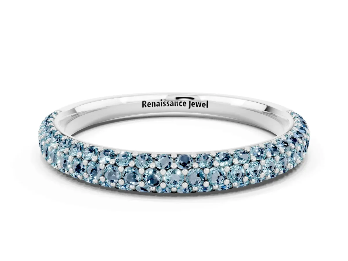 Round Aquamarine Pavé Eternity Band with Shared Prong Setting Platinum