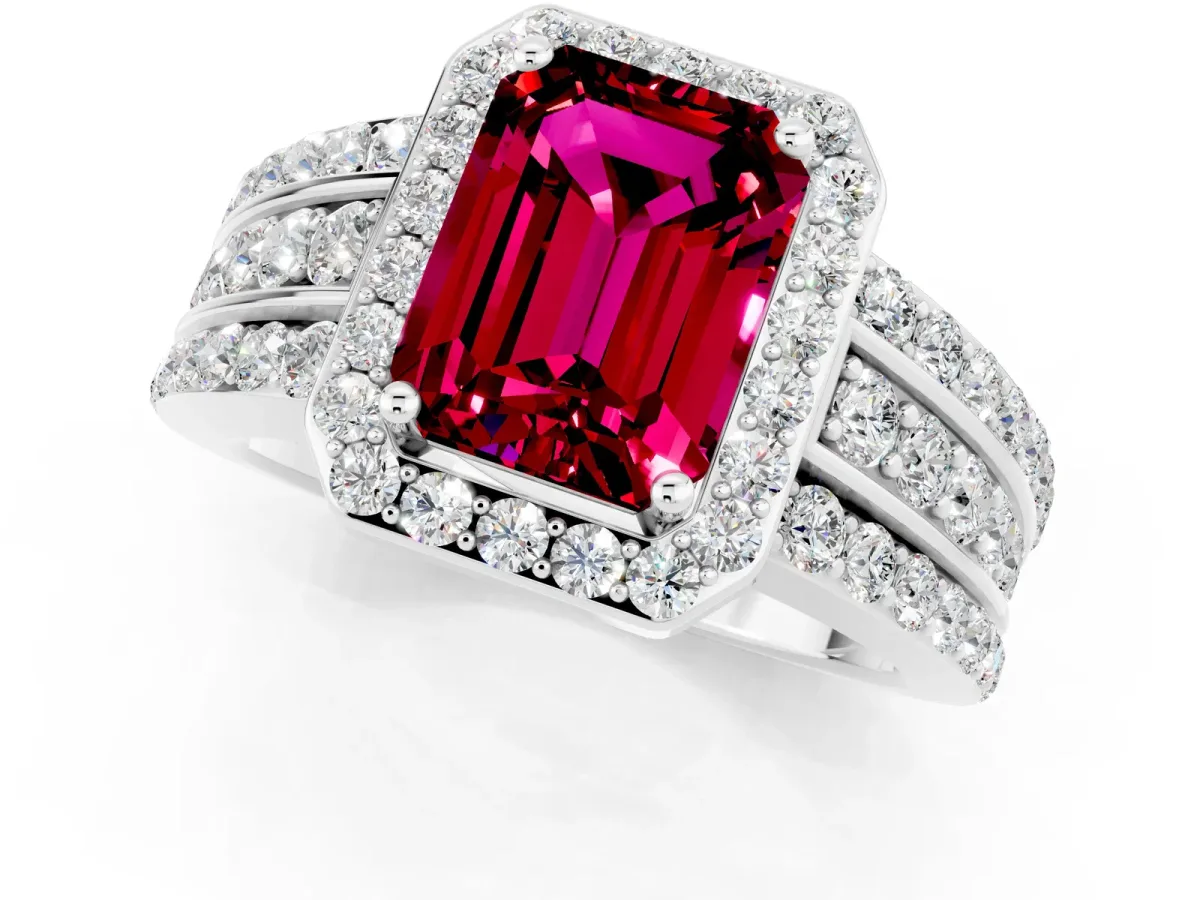 Emerald Cut Halo Garnet Ring with Round Split Shank and Prong Setting Silver