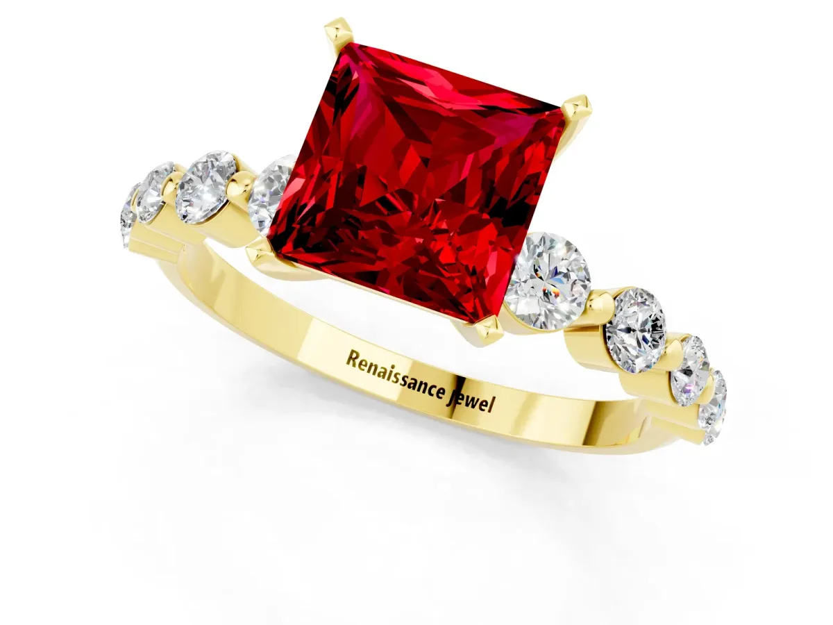 Princess Cut Solitaire Ruby Ring with Pave Band and Four-Prong Setting Yellow gold