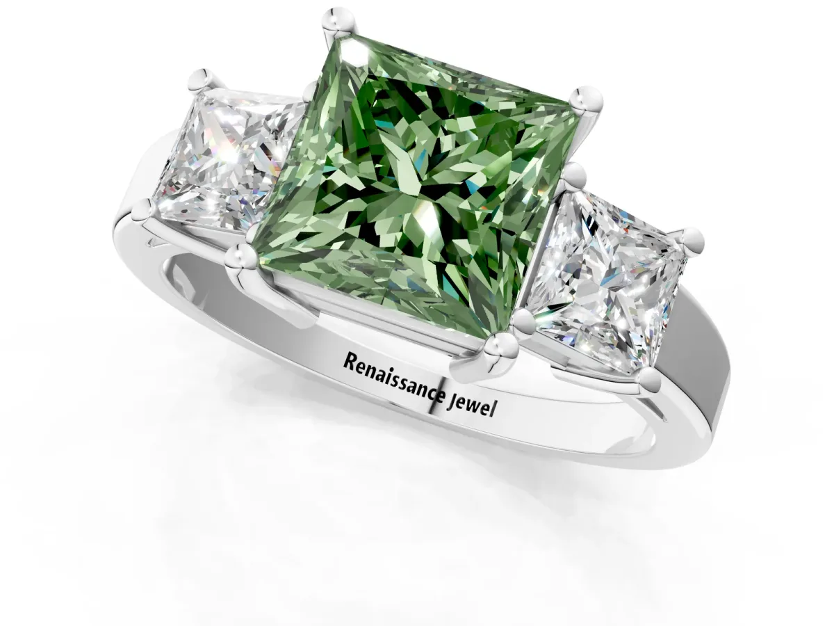 Fancy Green Three-Stone Princess Cut Cut Solitaire Ring with Prong Setting Platinum