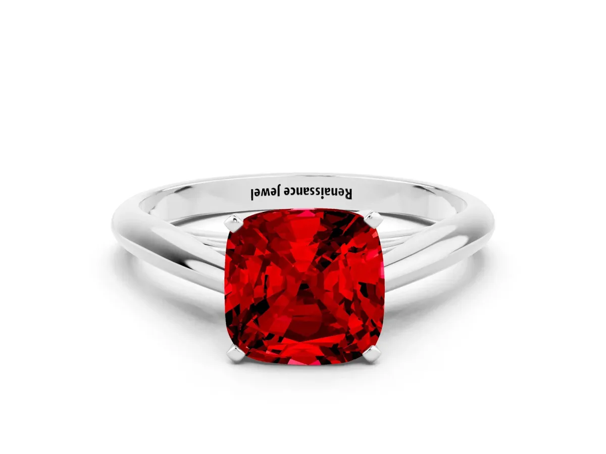 Cushion Cut Ruby Solitaire Engagement Ring with Cathedral Setting and Four-Prong Mount White gold