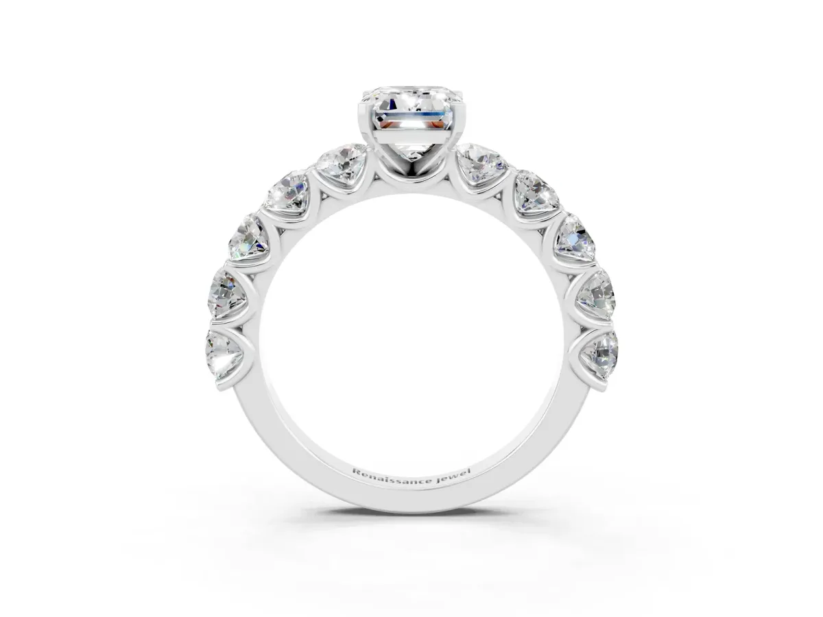 Emerald Cut Moissanite Prong Setting with Side Stones on a Pave Band Platinum