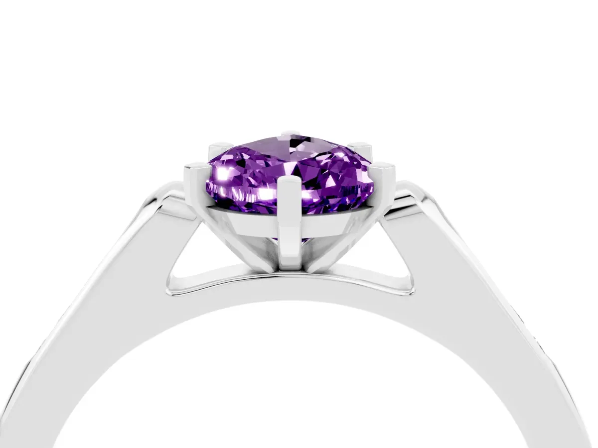 Pear Cut Amethyst Solitaire Ring with Channel Set Round Band and Prong Setting Silver