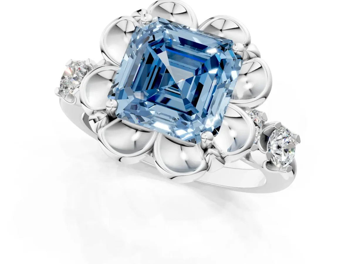 Fancy Blue Asscher Cut Cut Diamond Floral Halo Engagement Ring with Shared Prong Setting Silver