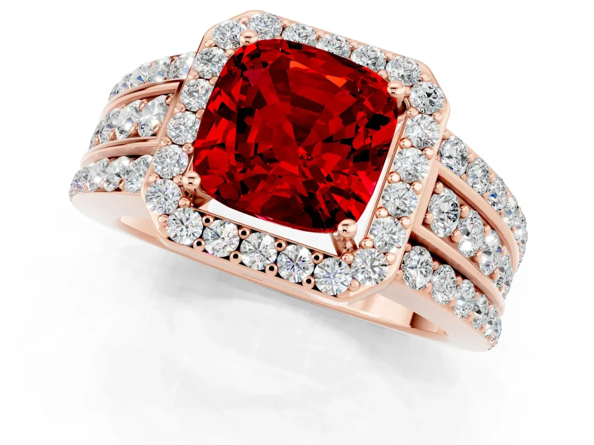 Cushion Cut Halo Ruby Ring with Round Split Shank and Prong Setting Rose gold