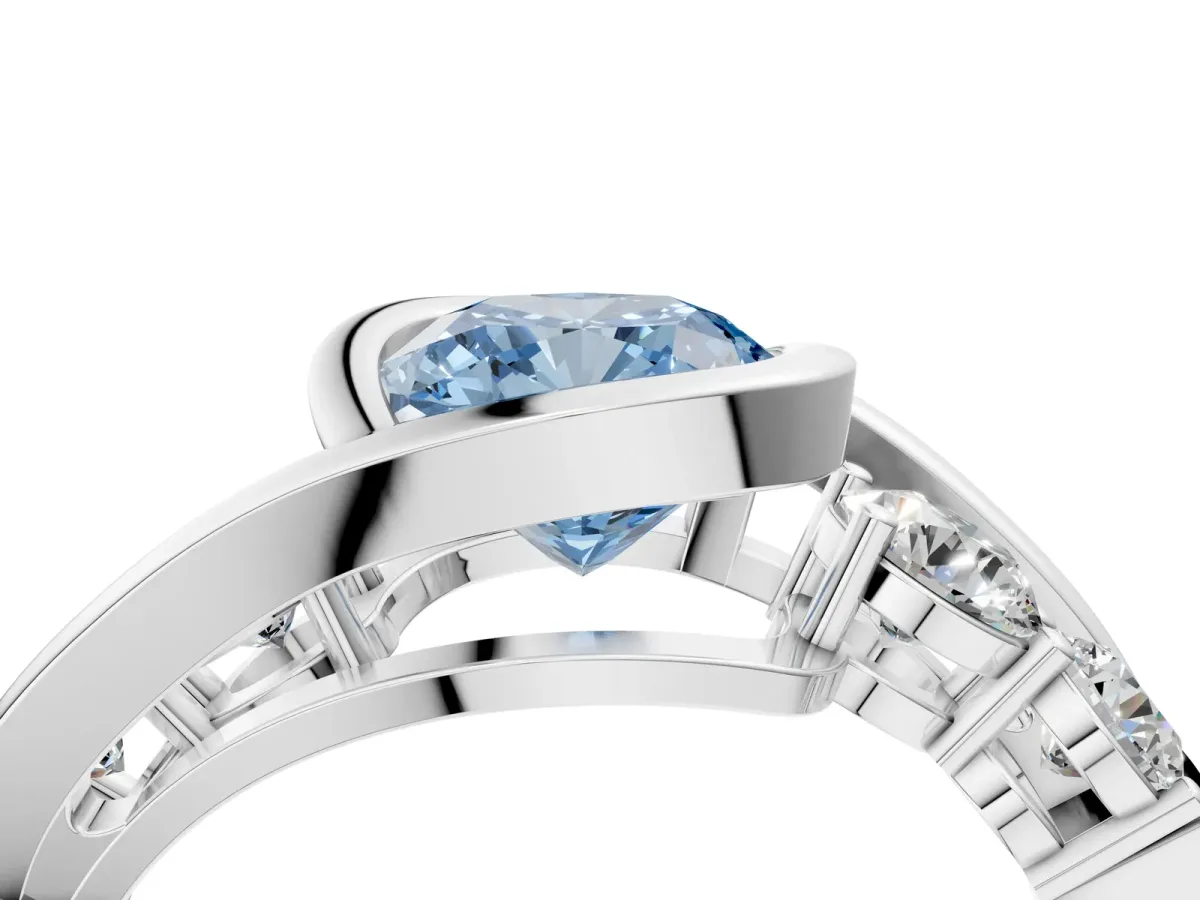 Fancy Blue Bezel Set Cushion Cut Diamond Bypass Ring with Round Accents Platinum