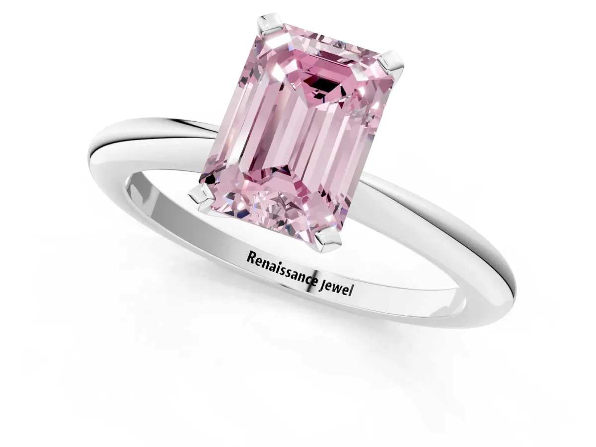 Fancy Pink Emerald Cut Diamond Solitaire Ring with Six-Prong Setting and Classic Band Silver