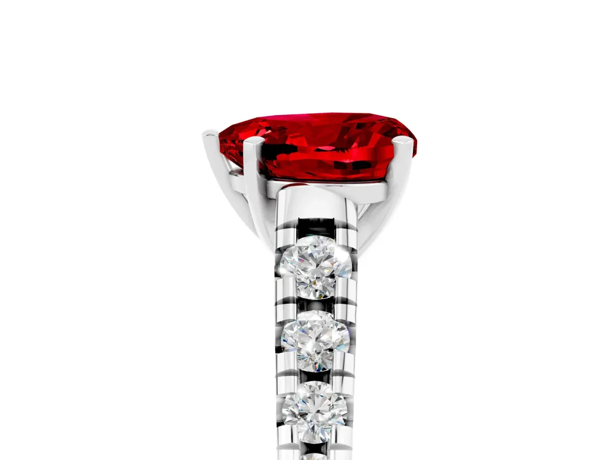 Heart Cut Ruby Cathedral Solitaire Ring with Round Pavé Band Silver