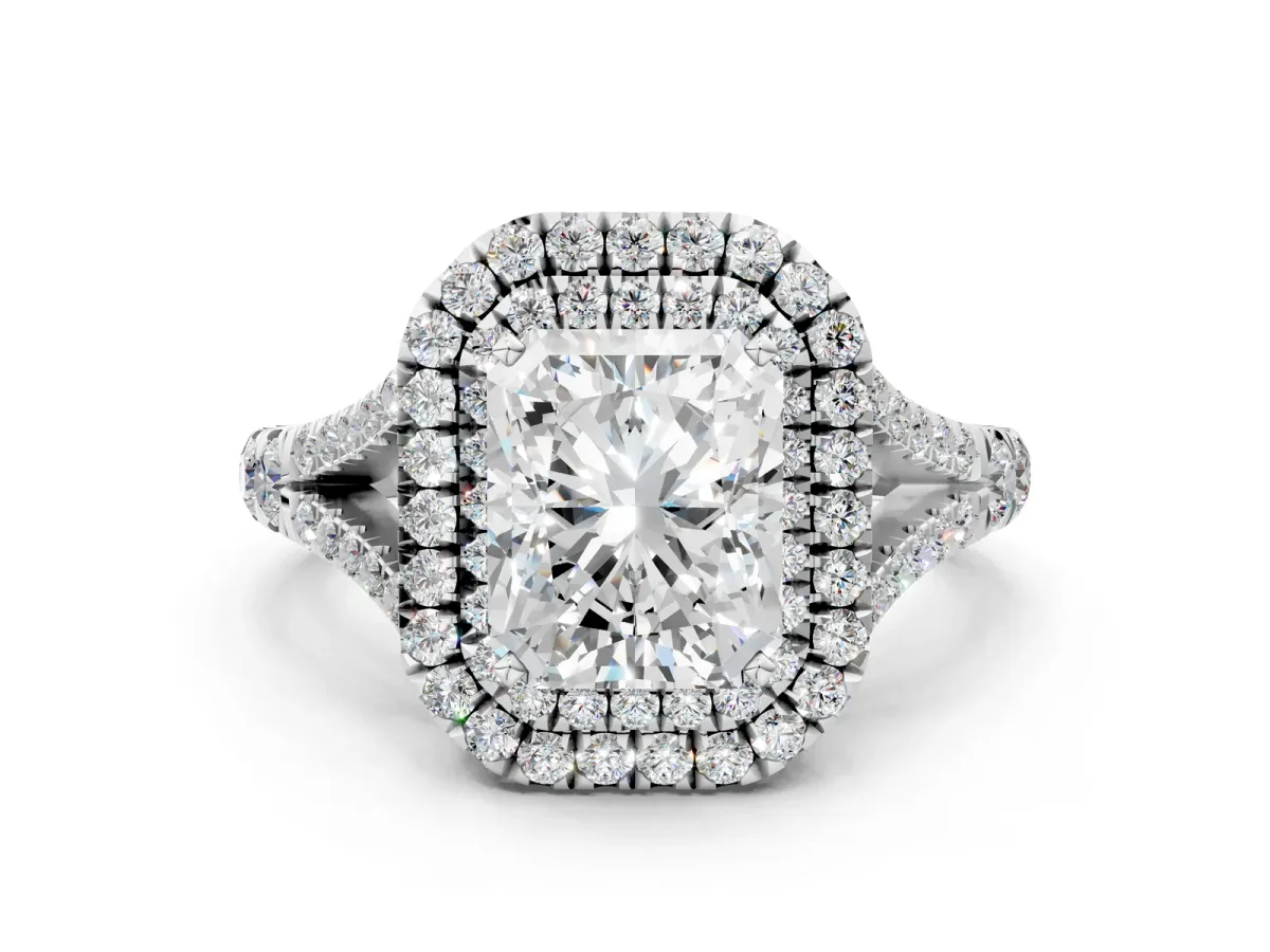 Radiant Cut Diamond Pavé Split Shank Double Halo Engagement Ring Platinum