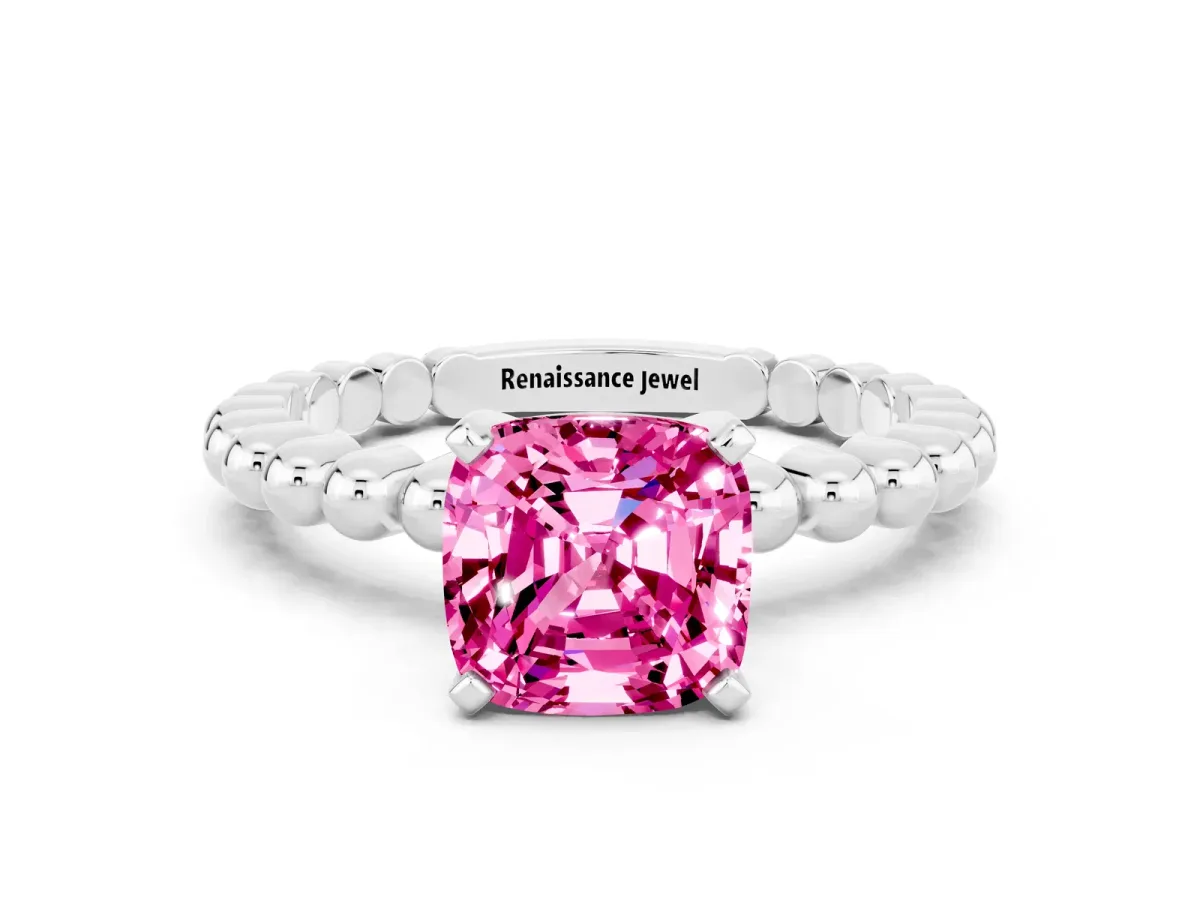 Cushion Cut Pink Sapphire Solitaire Ring with Beaded Band and Prong Setting Silver