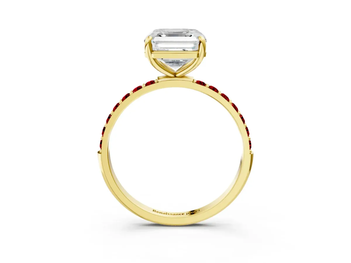 Asscher Cut Diamond Solitaire Ring with Round Ruby Pavé Band and Prong Setting Yellow gold