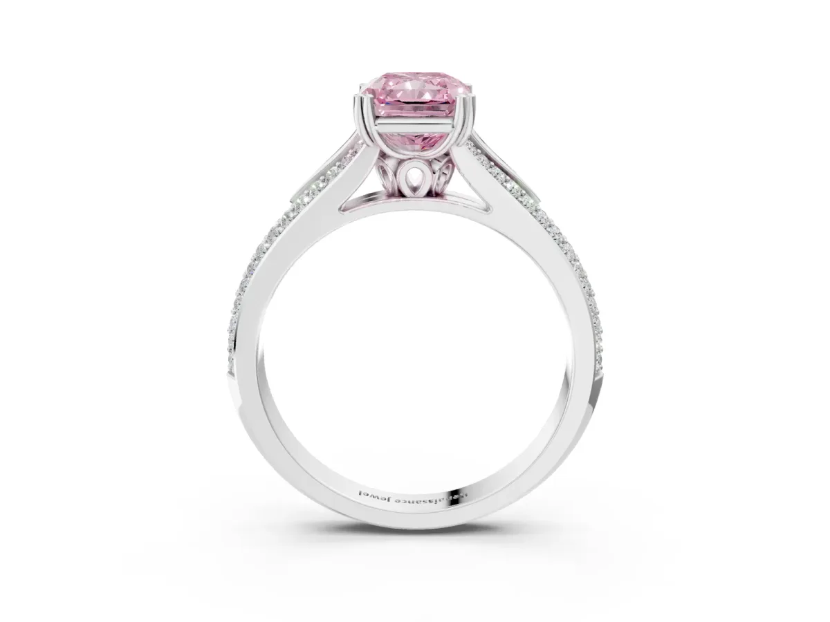 Fancy Pink Radiant Cut Diamond Split Shank Engagement Ring with Pavé Band Platinum