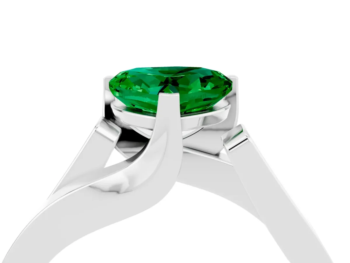 Modern Tension Set Heart Cut Emerald Solitaire Wide Band Ring Silver