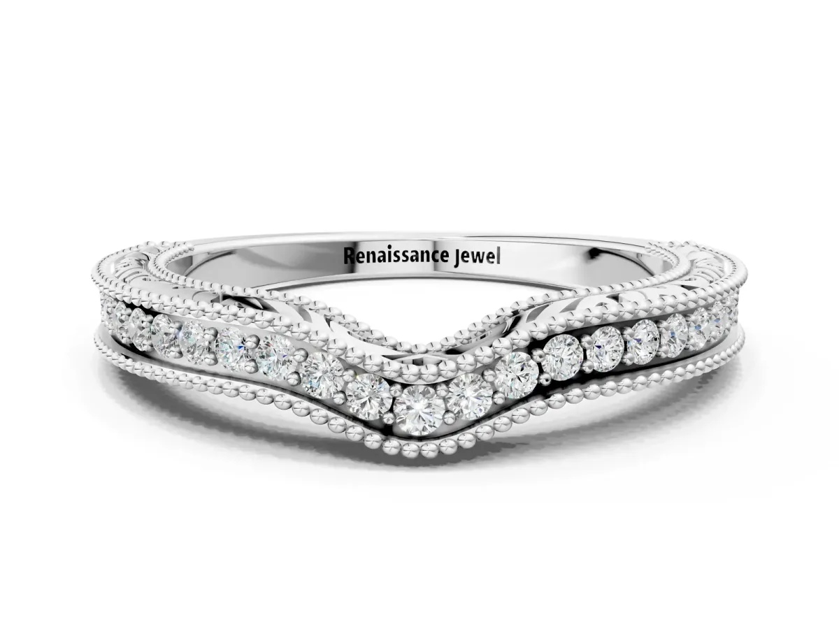 Pave Round Diamond Curved Milgrain Band Silver