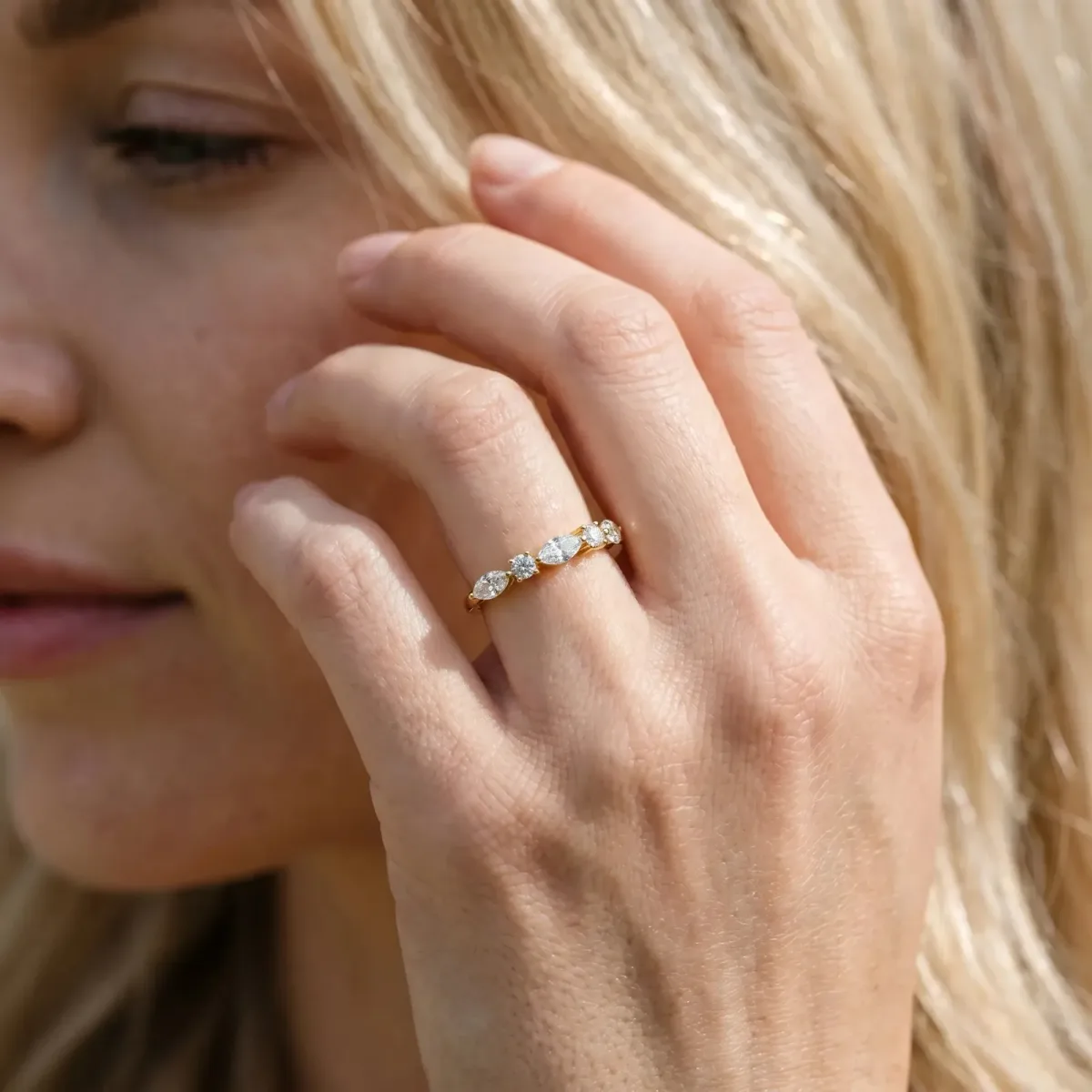 Prong Set Round Diamond Half-Eternity Band Yellow gold