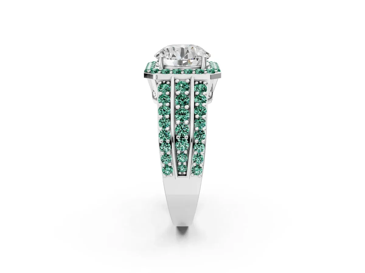 Round Cut Halo Diamond Ring with Round Green Sapphire Split Shank and Prong Setting Silver