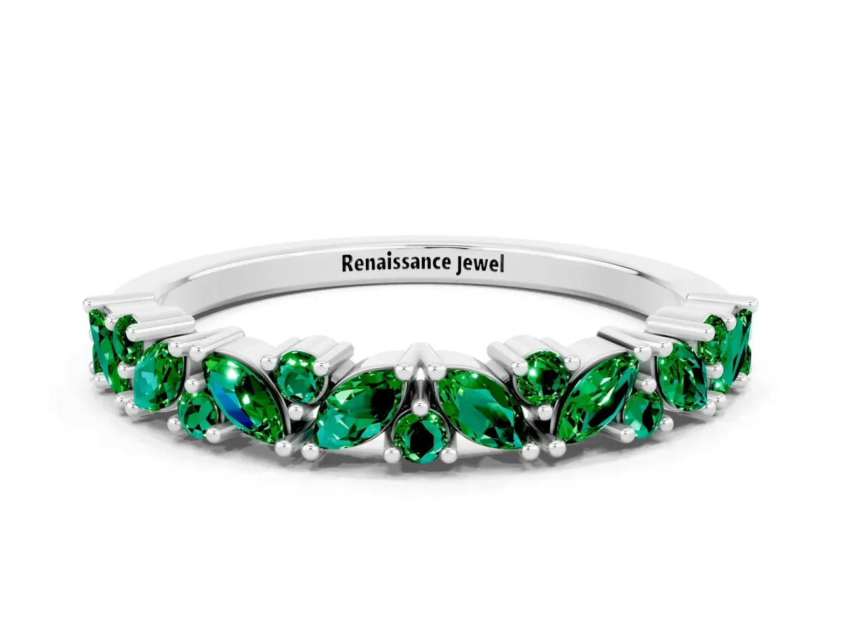 Marquise and Round Emerald Vine Eternity Band with Prong Setting Platinum