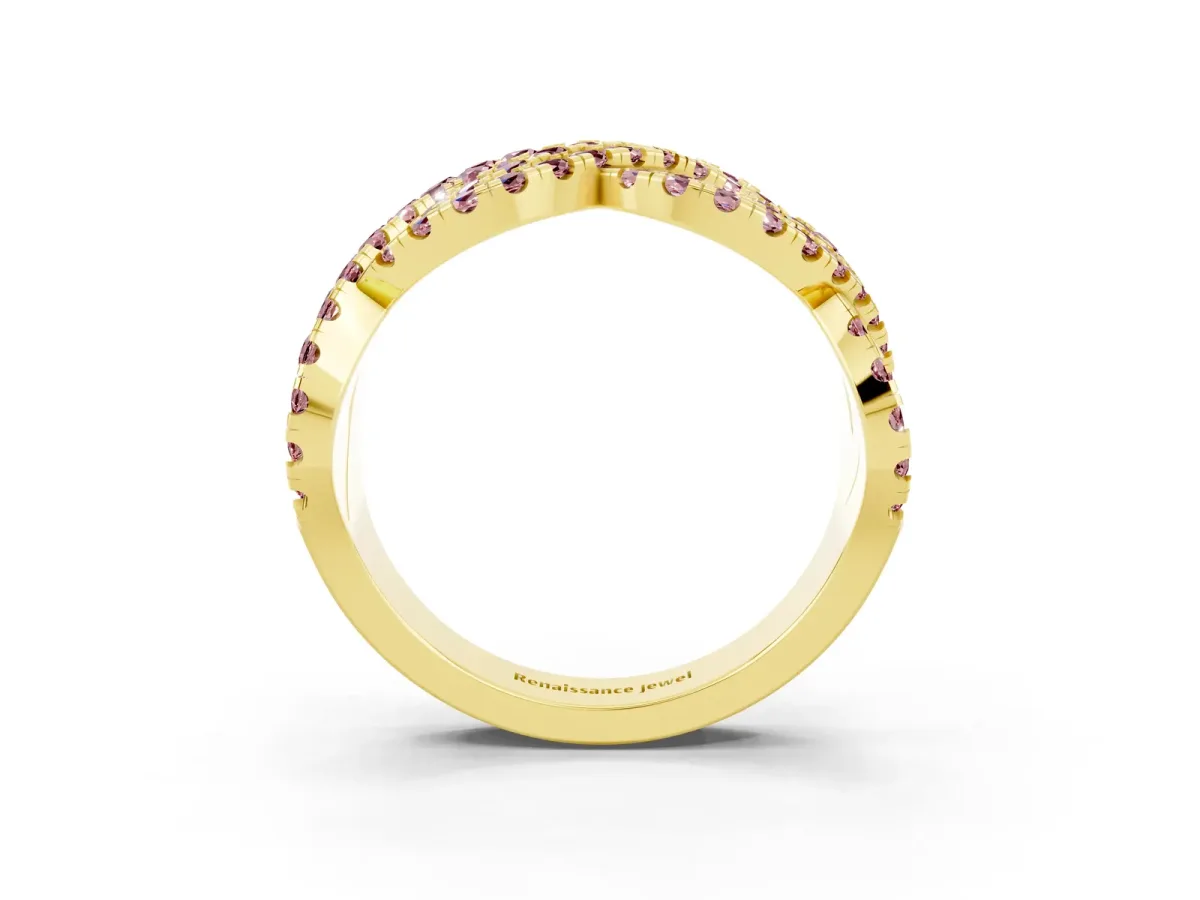Pavé Round Morganite Infinity Twist Band with Shared Prong Setting Yellow gold