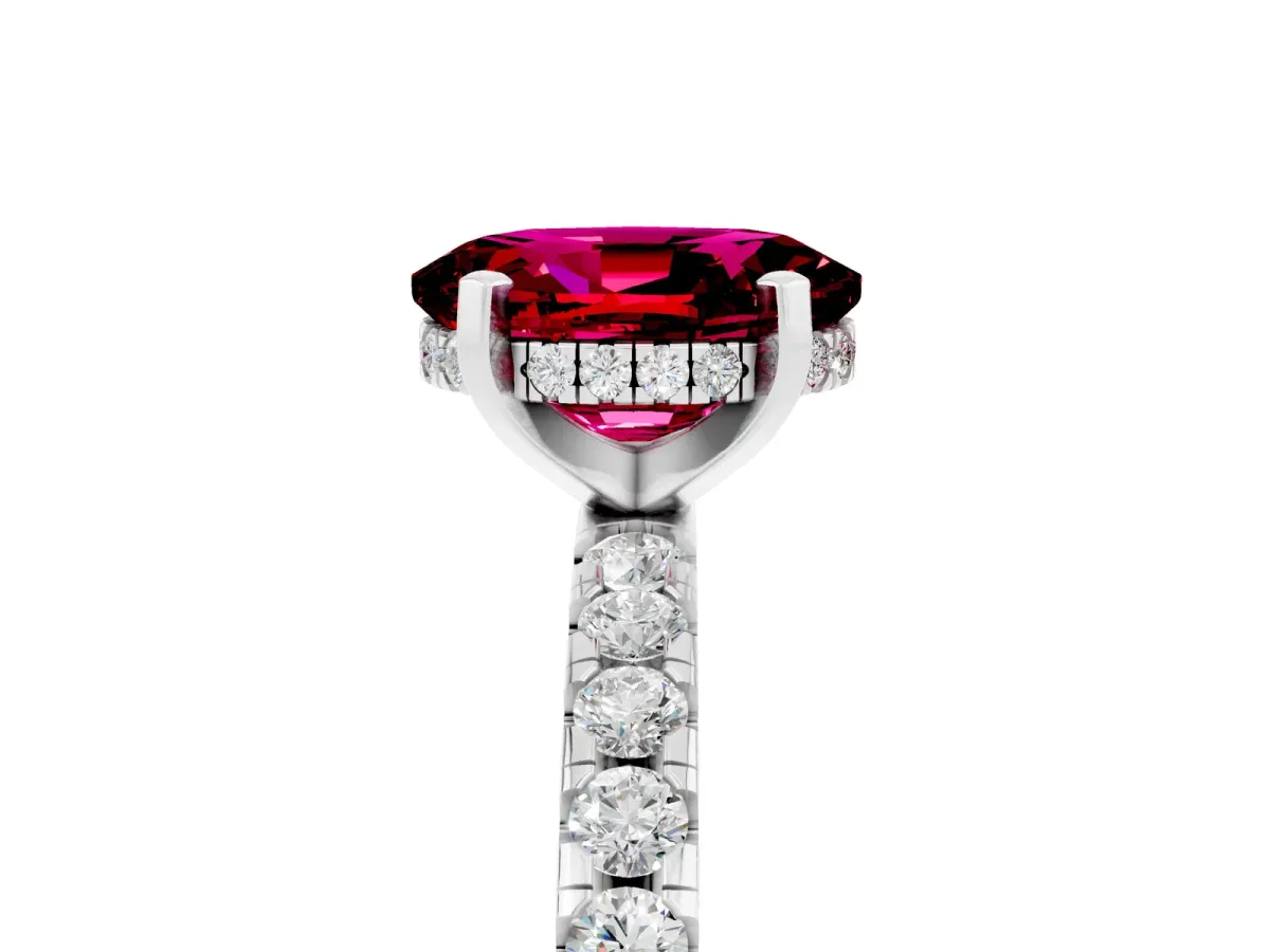 Oval Cut Garnet Solitaire Ring with Round Pavé Band and Four-Prong Setting Silver