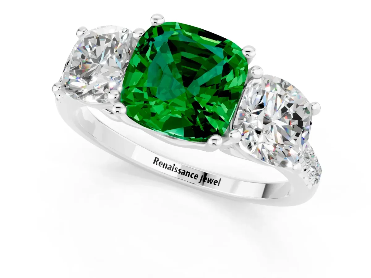 Three-Stone Cushion Cut Emerald Ring with Round Pavé Band and Prong Setting Silver