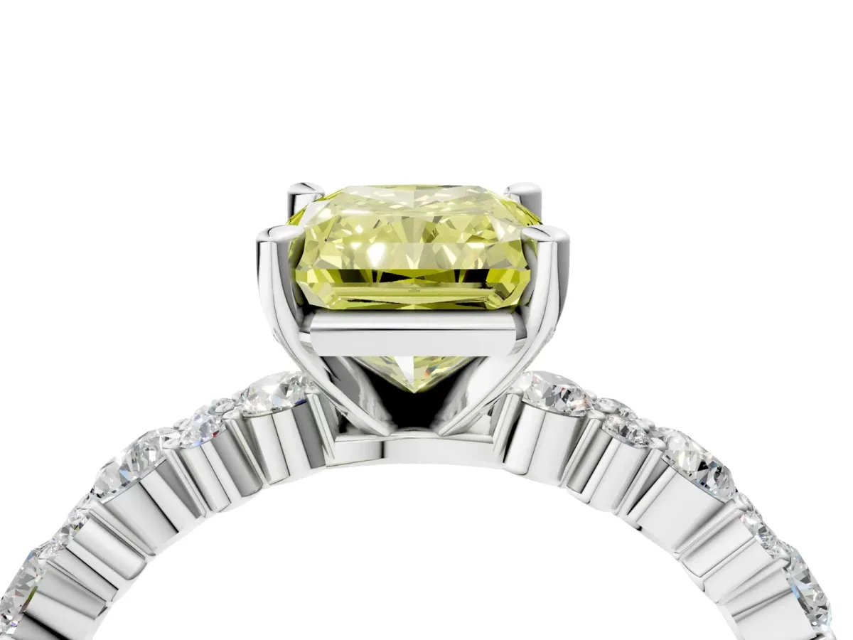 Fancy Yellow Radiant Cut Diamond Side Stone Solitaire Ring with Round and Four-Prong Setting Silver