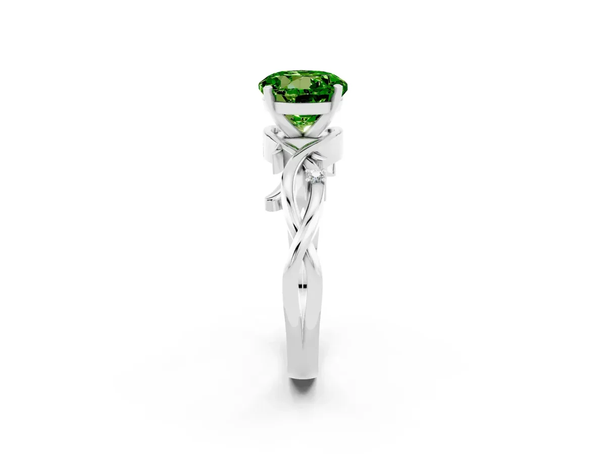 Round Cut Peridot Solitaire Ring with Twisted Band and Prong Setting Platinum