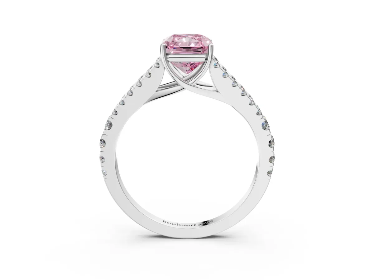 Fancy Pink Radiant Cut Diamond Split Shank Engagement Ring with Round Pavé and Prong Setting Platinum