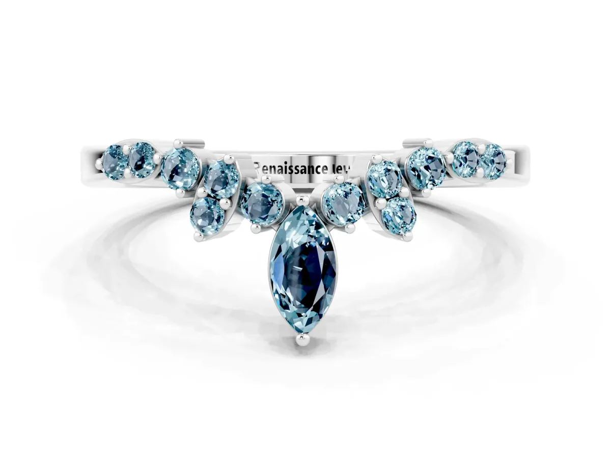 Marquise and Round Aquamarine Chevron Band with Prong Setting Silver