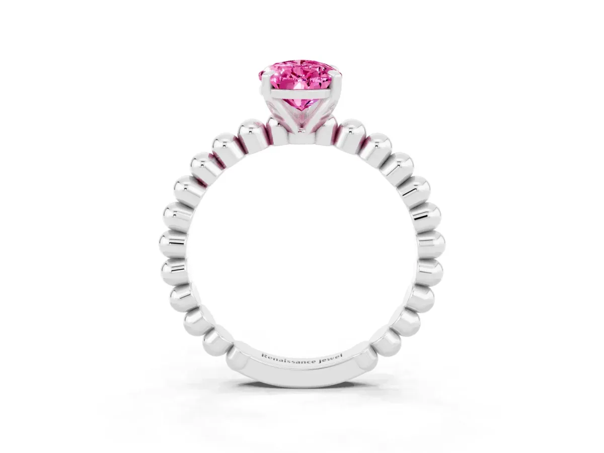 Pear Cut Pink Sapphire Solitaire Ring with Beaded Band and Prong Setting Silver