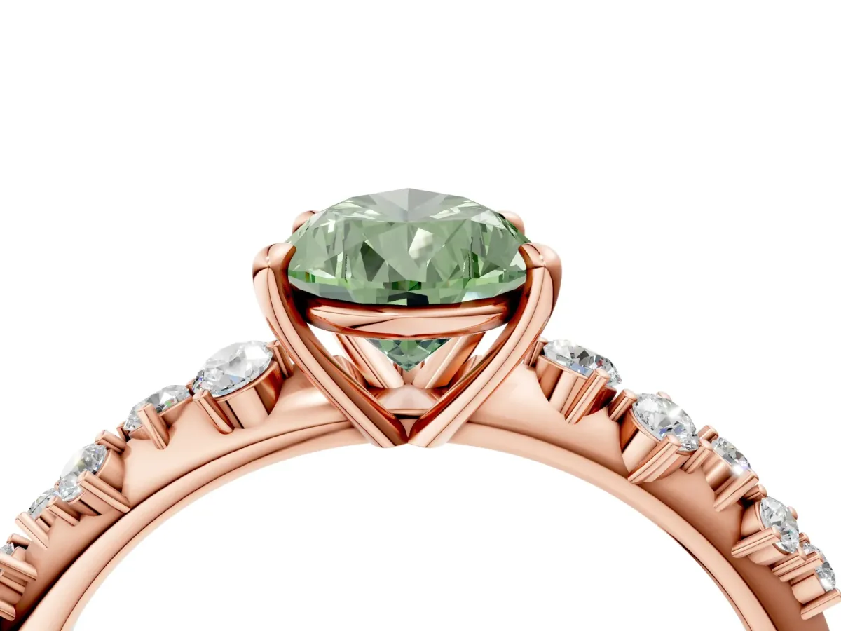 Fancy Green Pear Cut Diamond Cluster Side Stone Solitaire Ring with Prong Setting Rose gold