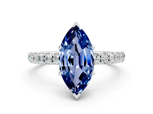 Marquise Cut Blue Sapphire Pave Band Solitaire Ring with Round and Prong Setting White gold