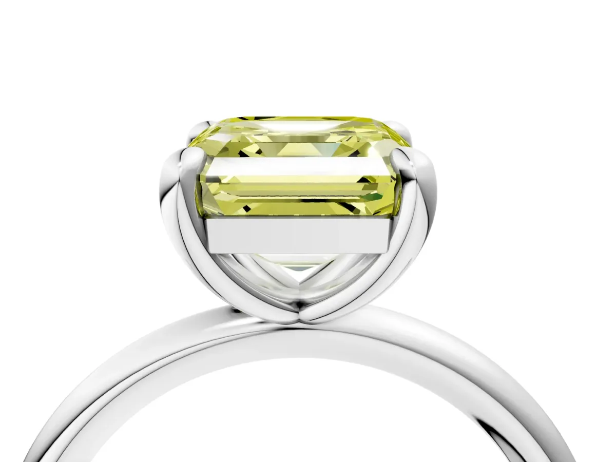 Fancy Yellow Asscher Cut Solitaire Diamond Ring with Four-Prong Setting on a Plain Band Platinum