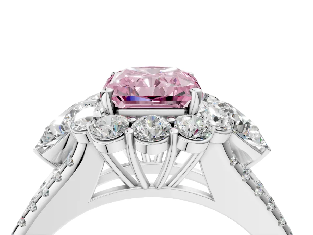 Fancy Pink Radiant Cut Halo Split Shank Diamond Engagement Ring with Prong Setting Platinum